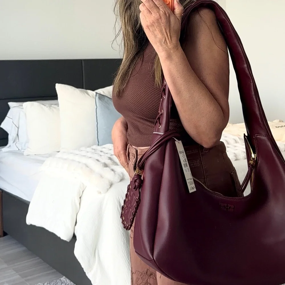 GANNI Burgundy Leather Shoulder and Crossbody Bag